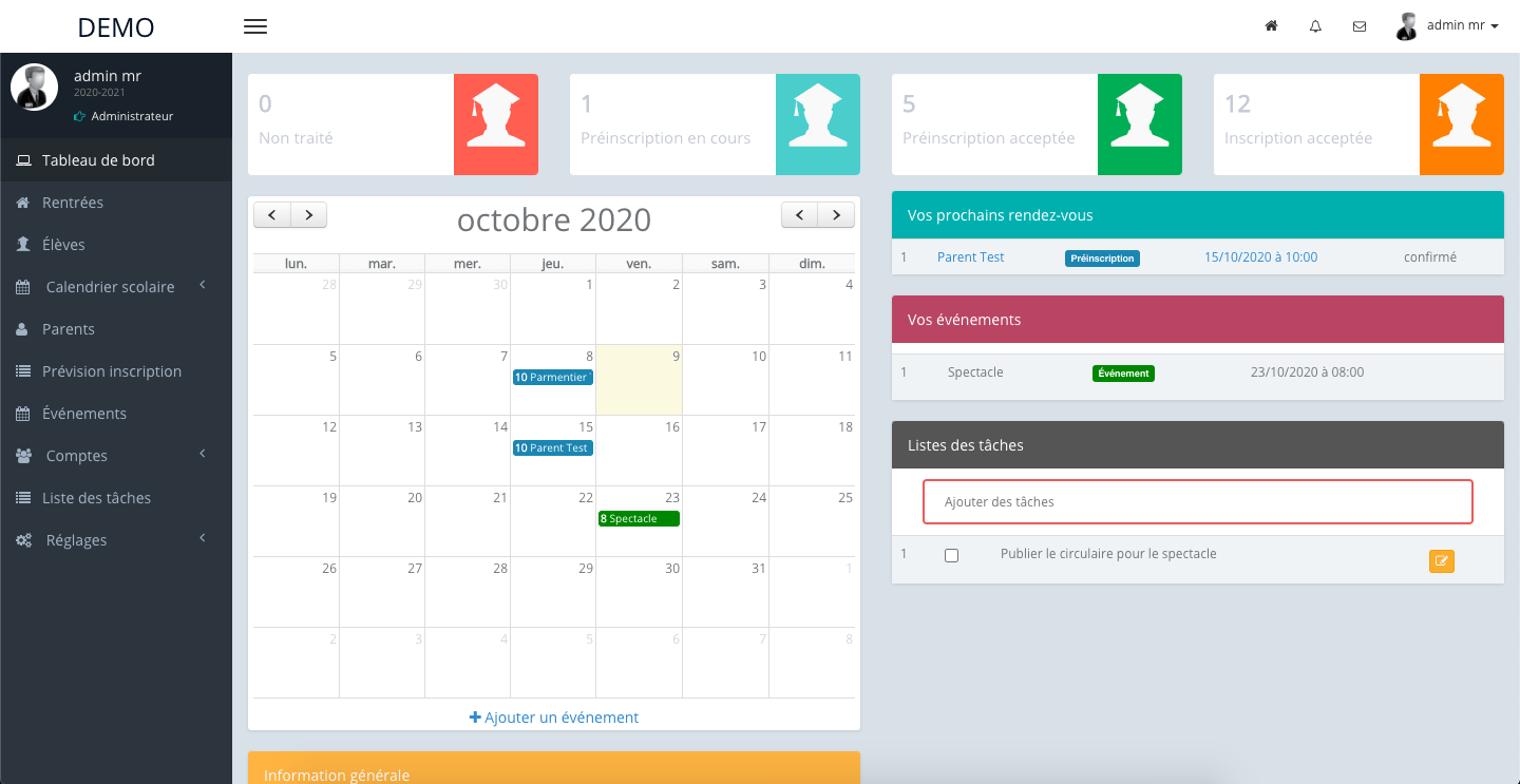 Tableau de bord du module d’inscription Atlaskodo avec statistiques en temps réel pour la gestion scolaire